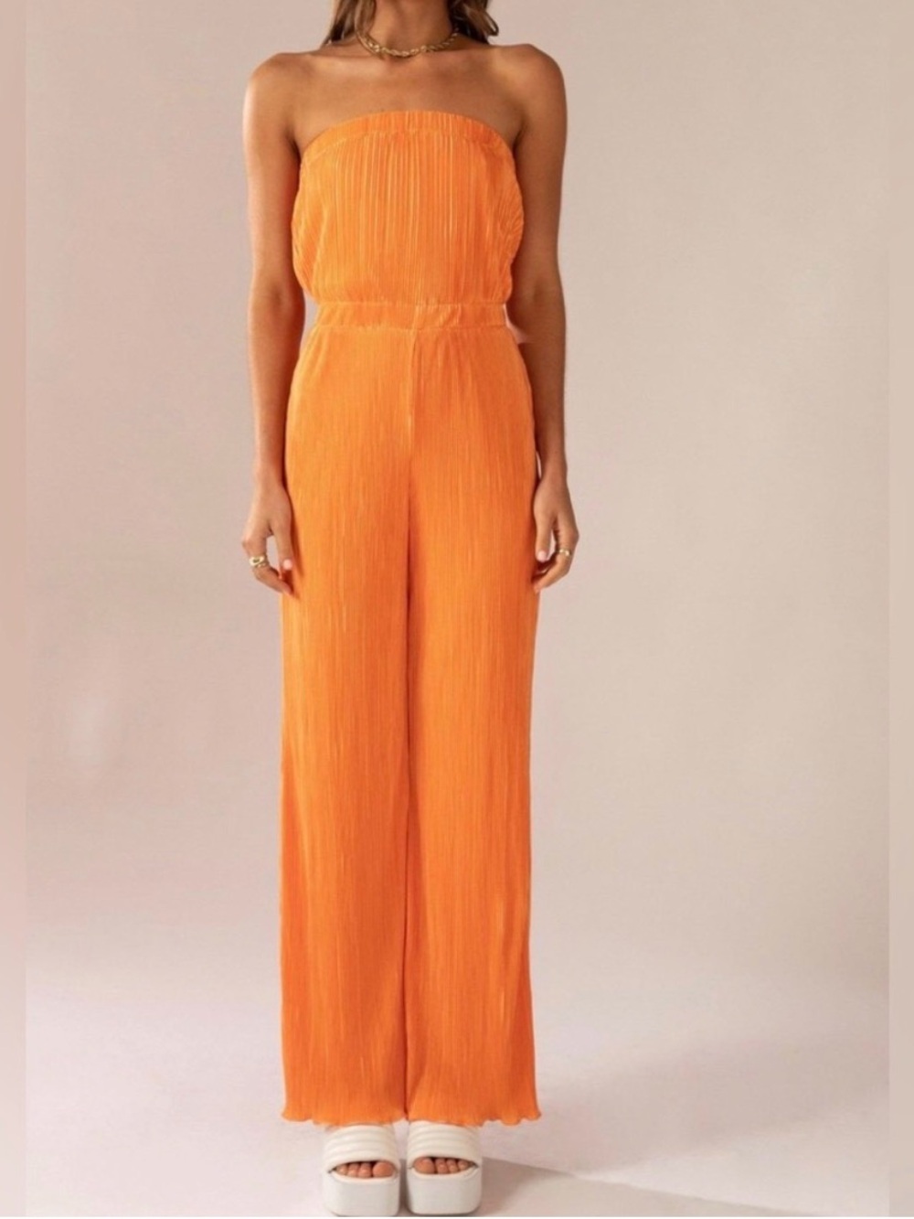 Peppermayo Strapless Orange Pleated Wide-Leg Jumpsuit